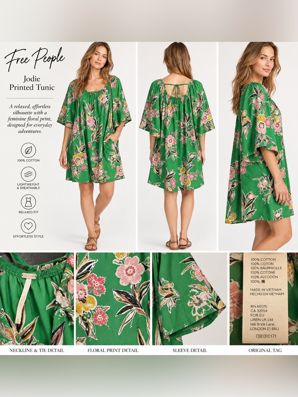 Free People Green Floral Jodie Printed Tunic Dress